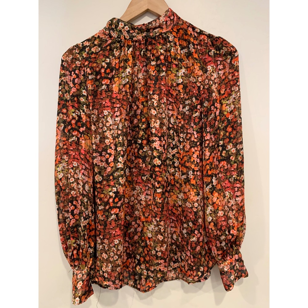 H&M Women Floral Blouse L Orange Black Cottagecore Mock Neck Balloon Sleeve - Picture 2 of 10